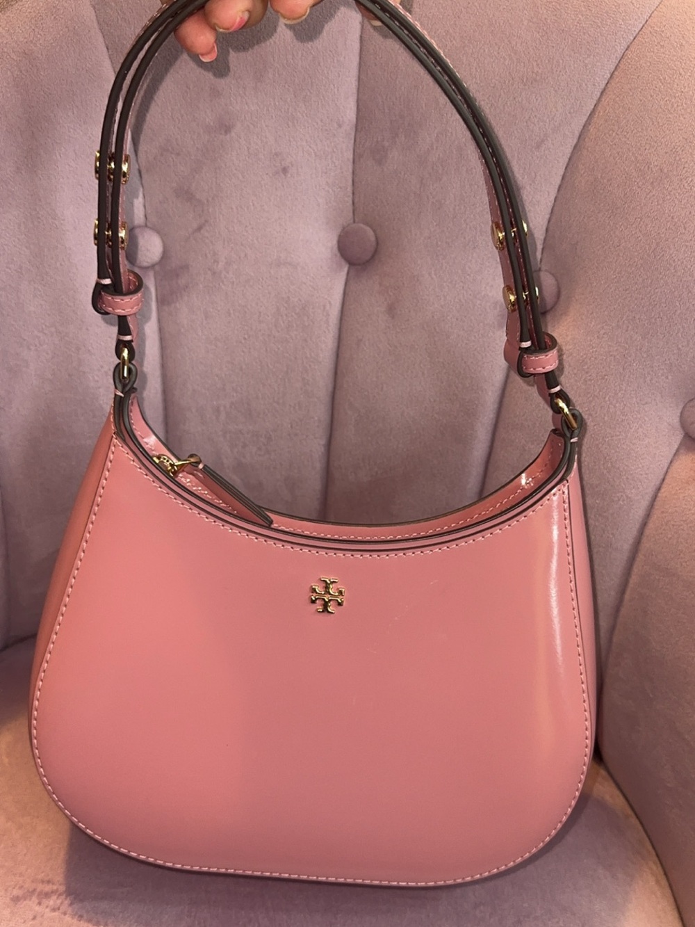 Tory Burch Pink Patent Leather Shoulder Bag with Gold Logo
